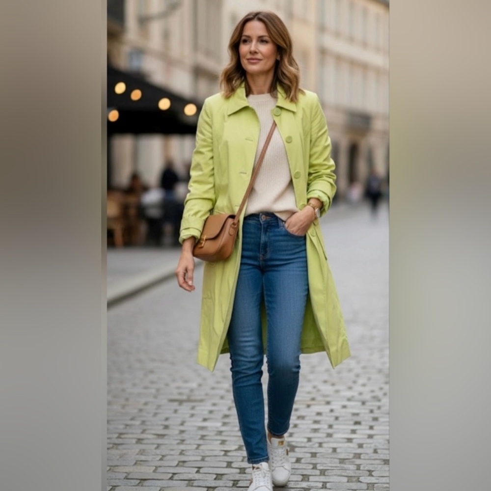 Evan Picone Lime Green Button-Front Trench Coat - Picture 3 of 11